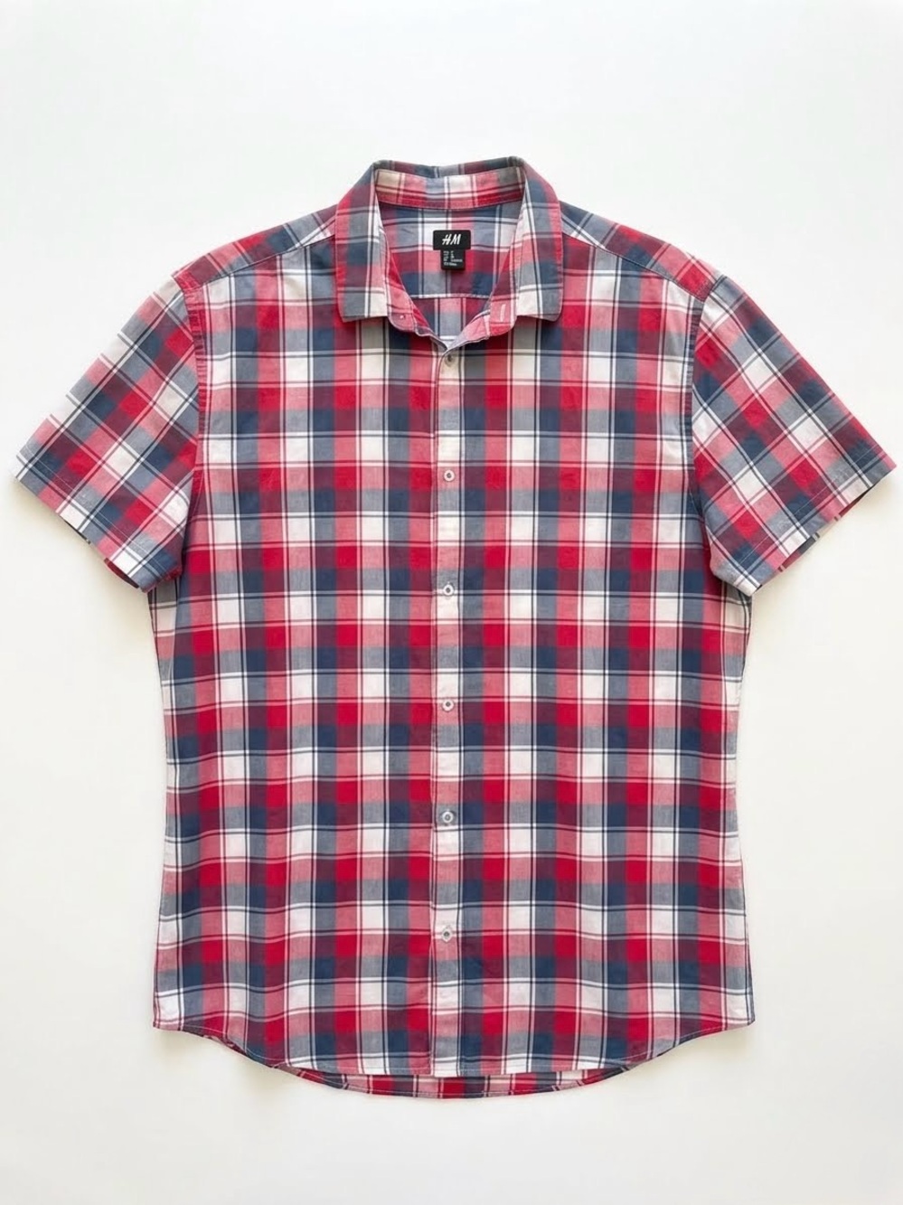 HM Mens Red Blue White Plaid Short Sleeve Cotton Button Down Shirt Preppy XL